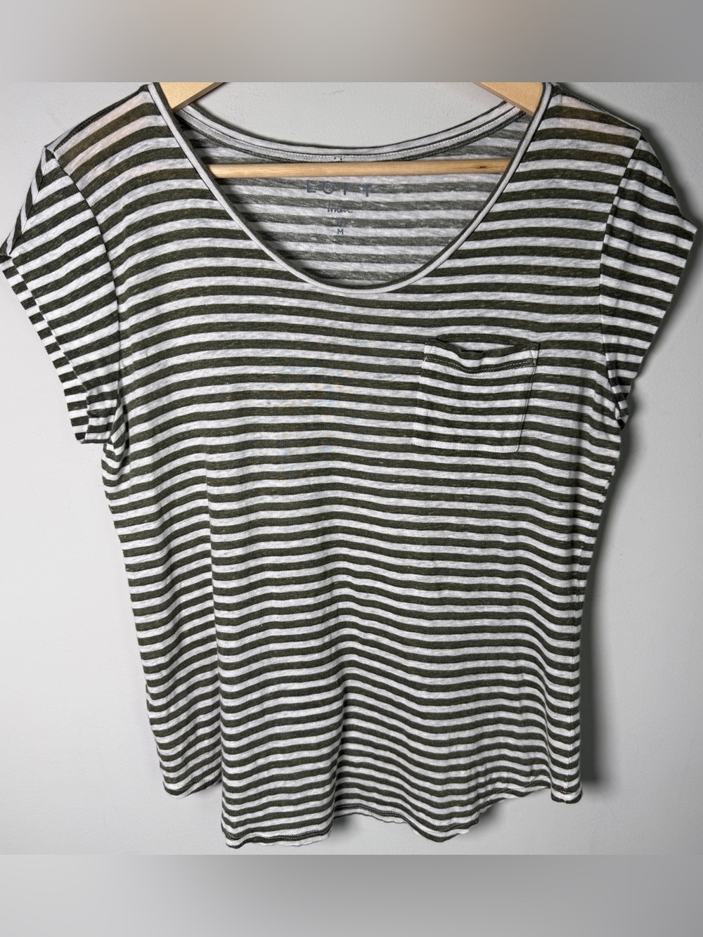 LOFT Linen Stripe Pocket Tee Olive Green White Cap Sleeve Coastal Vacation M